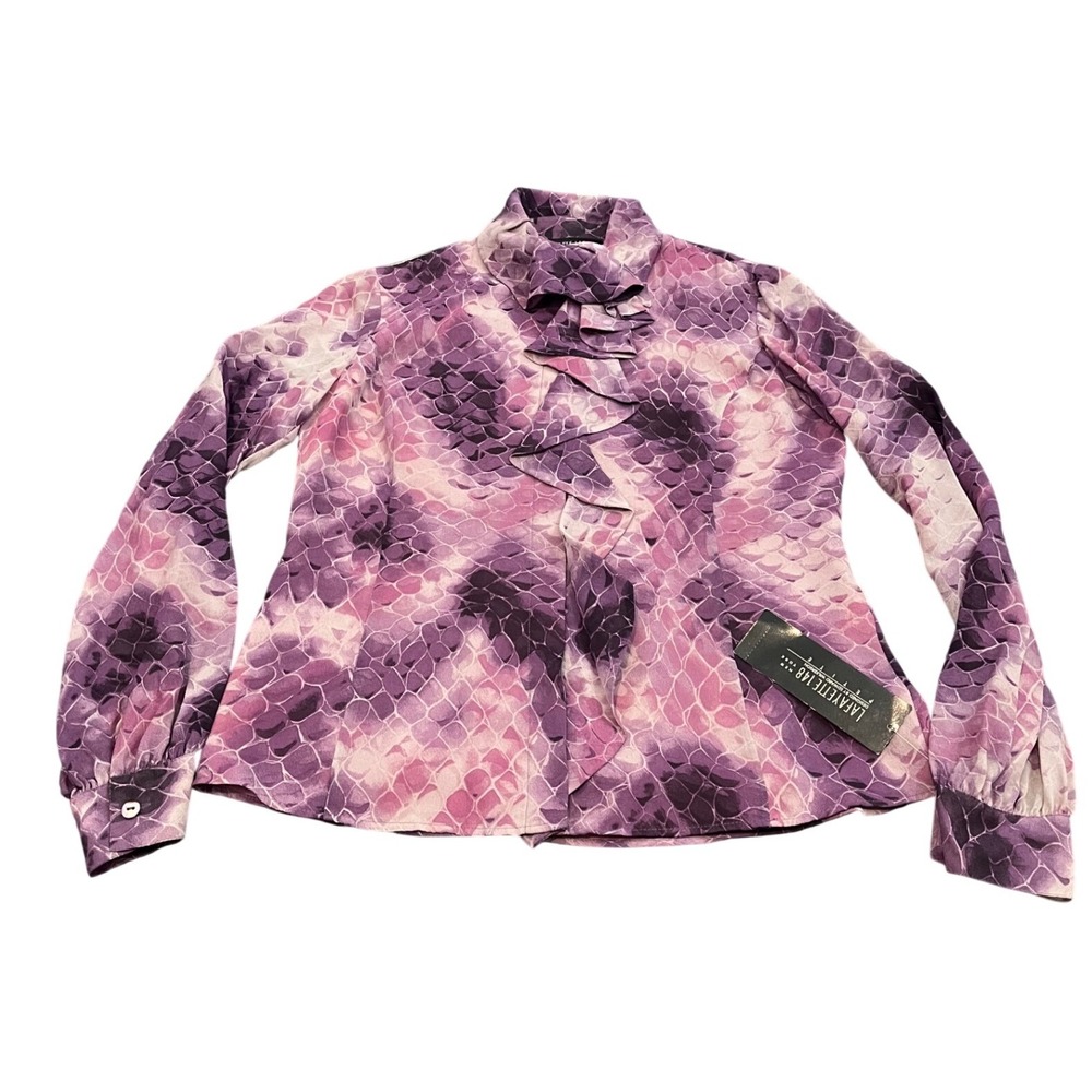 NEW MSRP $298 Lafayette 148 Blouse Womens 2P Purple Silk Snakeskin Ruffle Front